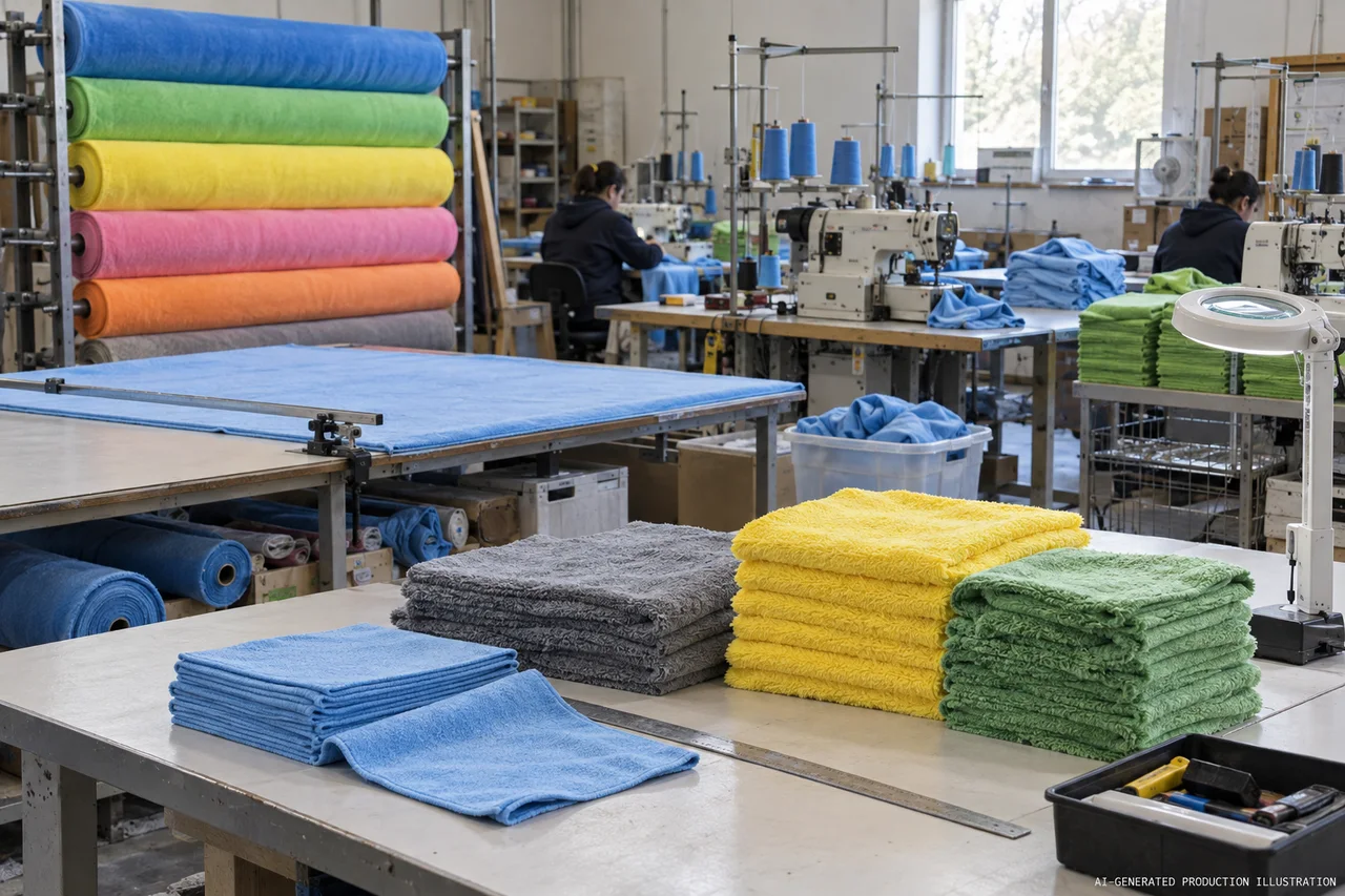 Cleaning Textiles production concept. AI-generated production illustration — not a photograph of our factory.