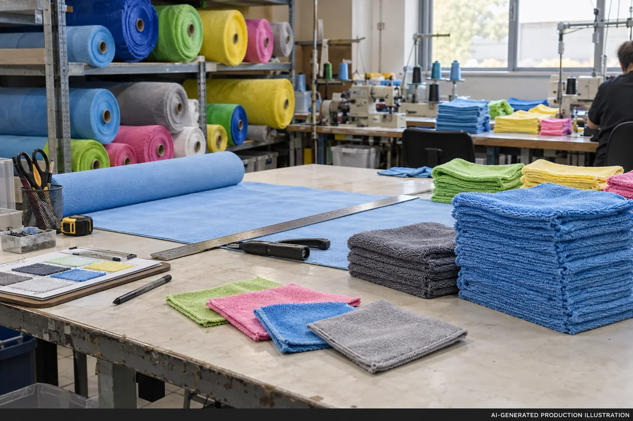 Cleaning Textiles — Material and specification review. AI-generated illustration, not an actual factory photograph.