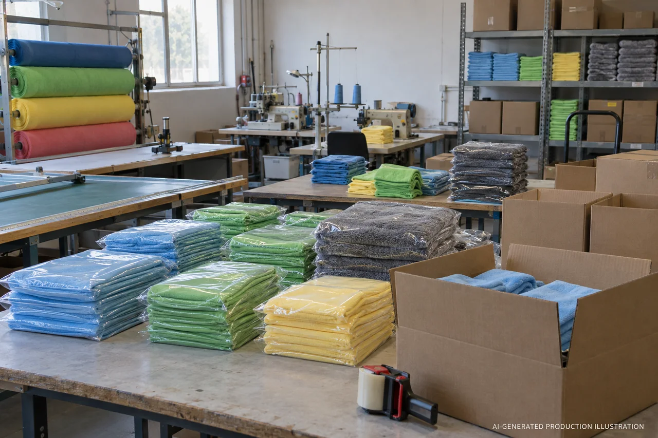 Cleaning Textiles — Packing and dispatch planning. AI-generated illustration, not an actual factory photograph.