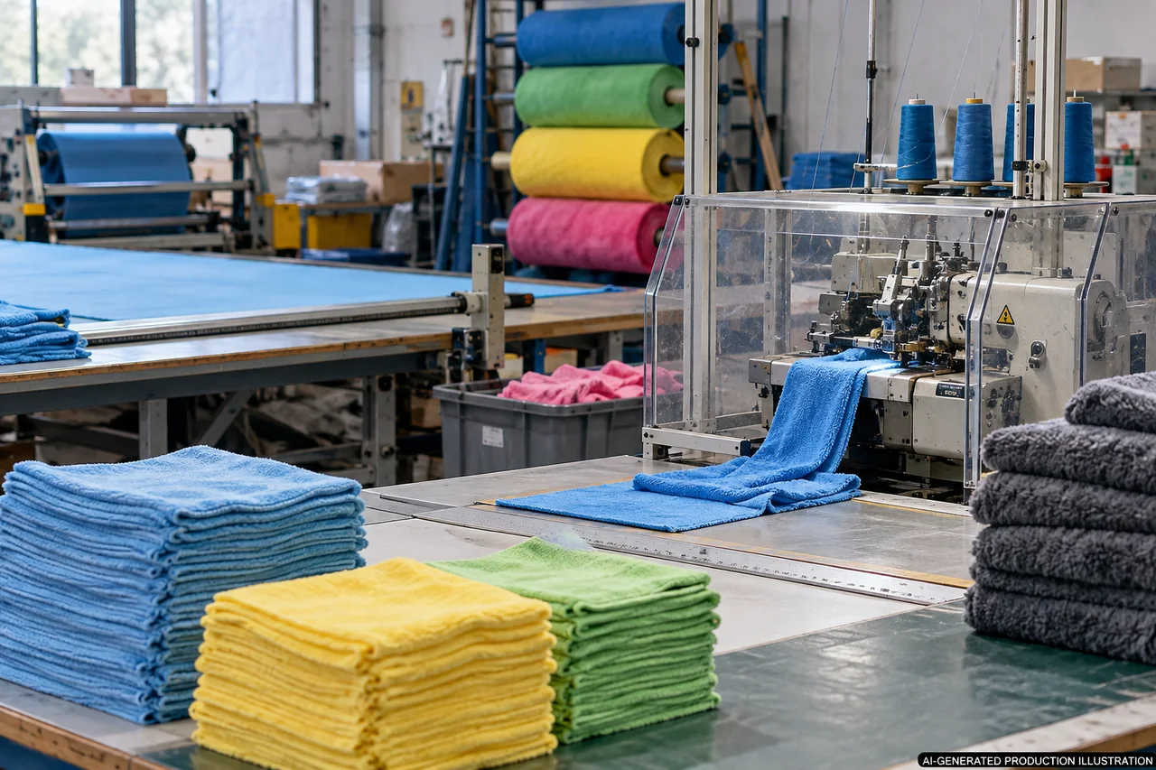 Cleaning Textiles — Illustrated production route. AI-generated illustration, not an actual factory photograph.