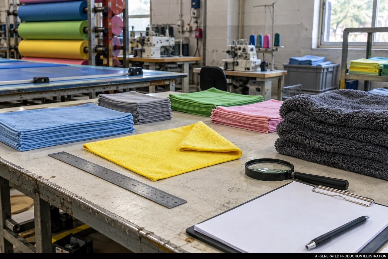 Cleaning Textiles — Sample and inspection planning. AI-generated illustration, not an actual factory photograph.